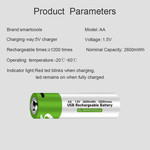 Bateria de lítio recarregável AA de 2600mWh, 1,5 v, compatível com carga direta de linha de TYPE-C, pilhas recarregáveis